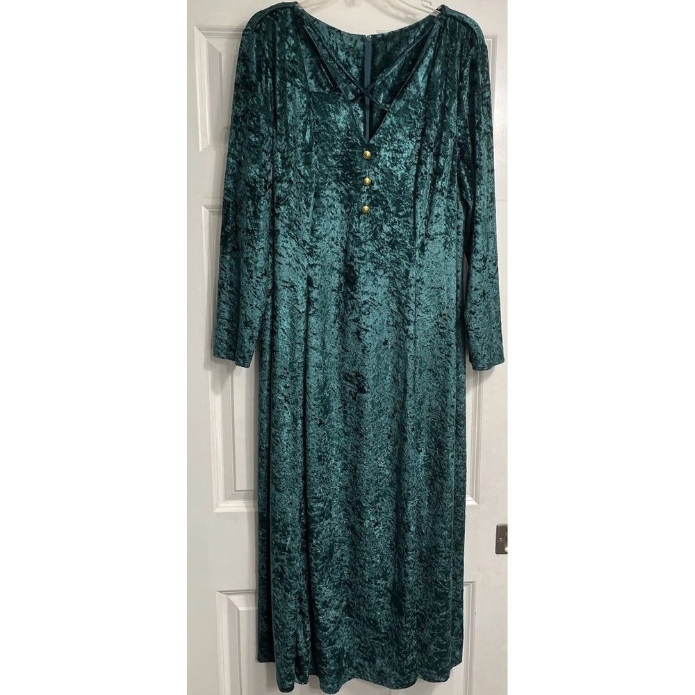 Vtg Medium Crushed Green‎ Velvet MIDI Maxi Dress 1990's No Tags Gold Buttons